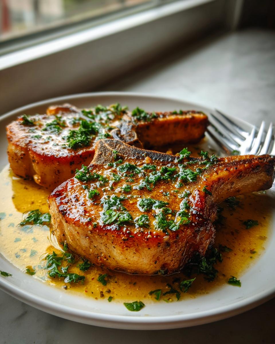 Two garlic butter pork chops in skillet served on a white plate garnished with fresh herbs