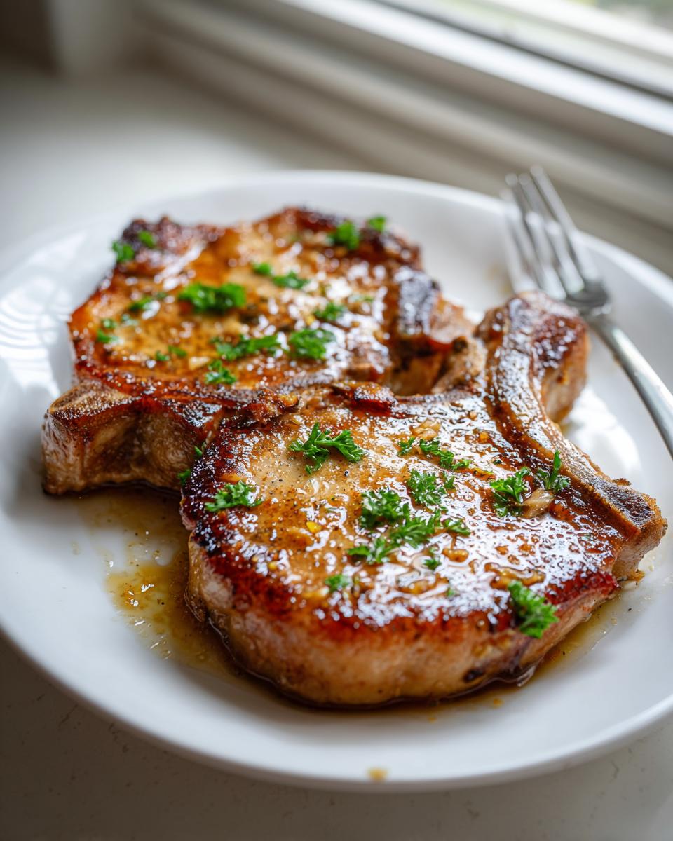 Two garlic butter pork chops in skillet plated with fresh herbs and glistening sauce