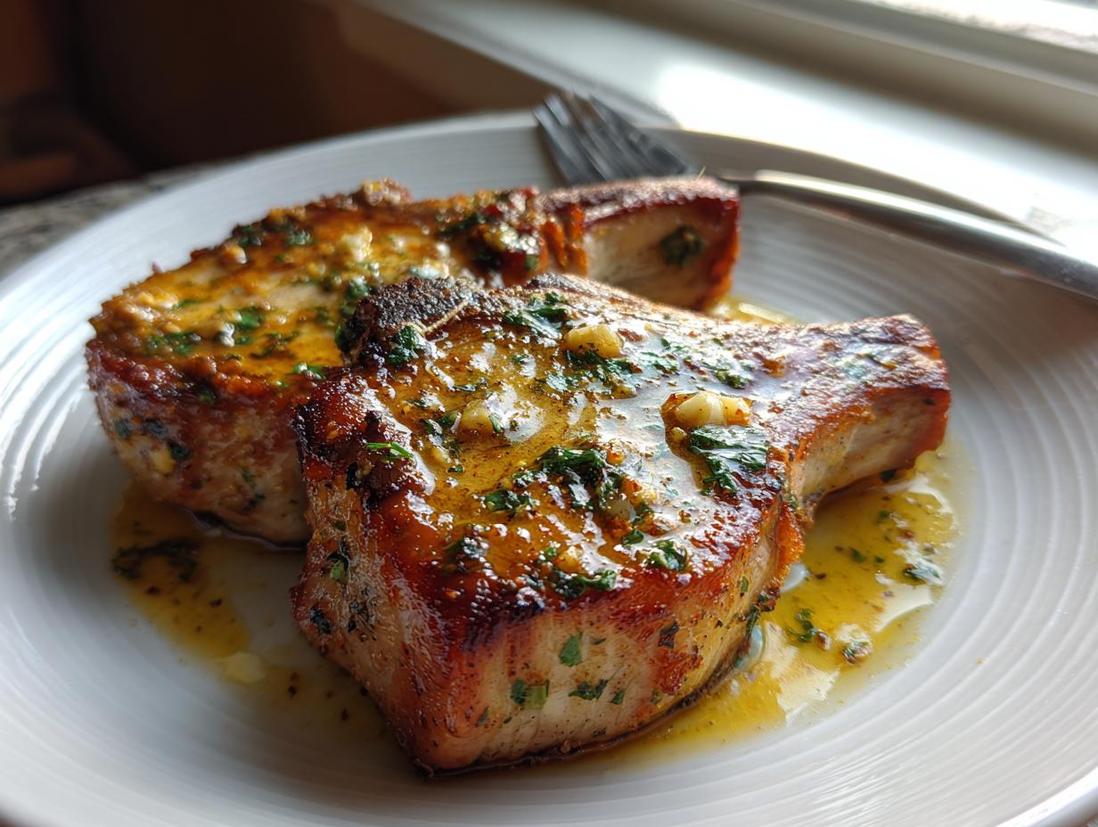Two juicy garlic butter pork chops in skillet with herbs and garlic served on a white plate
