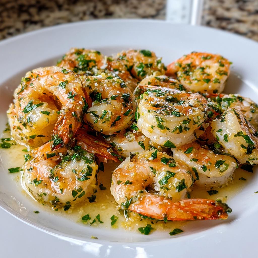 Close-up of garlic butter shrimp scampi garnished with herbs on a white plate.
