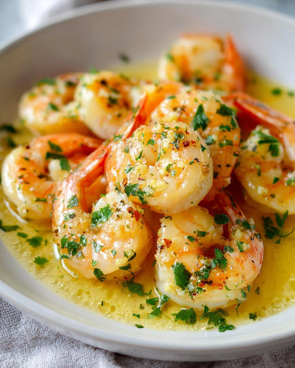 Close-up of shrimp scampi with garlic butter sauce and parsley in a white bowl