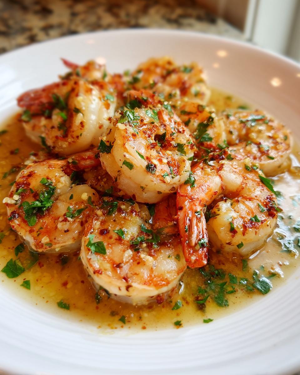 Close-up of garlic butter shrimp scampi garnished with herbs in a white bowl.