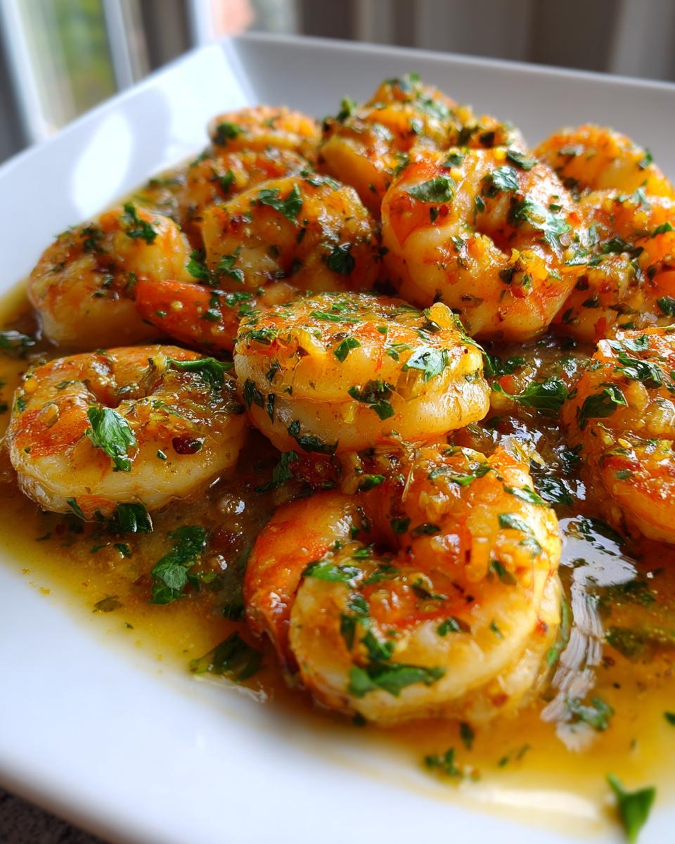 Close-up of garlic butter shrimp scampi garnished with parsley on a white plate