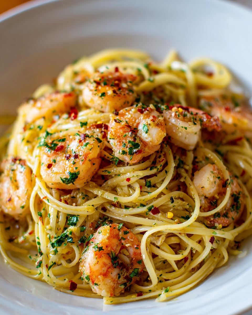 Close-up of garlic butter shrimp scampi linguine with herbs and chili flakes.