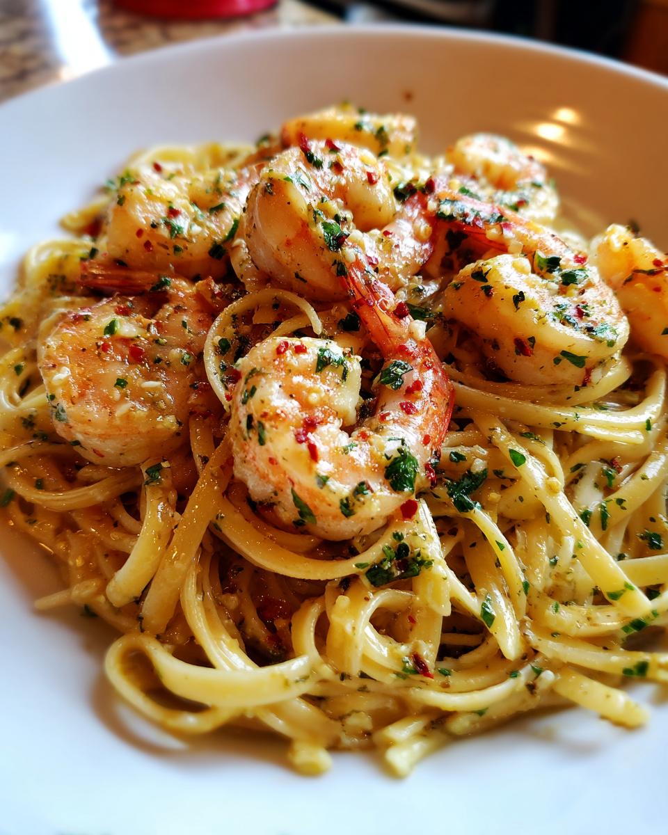 Bowl of garlic butter shrimp scampi linguine garnished with herbs and red pepper flakes.