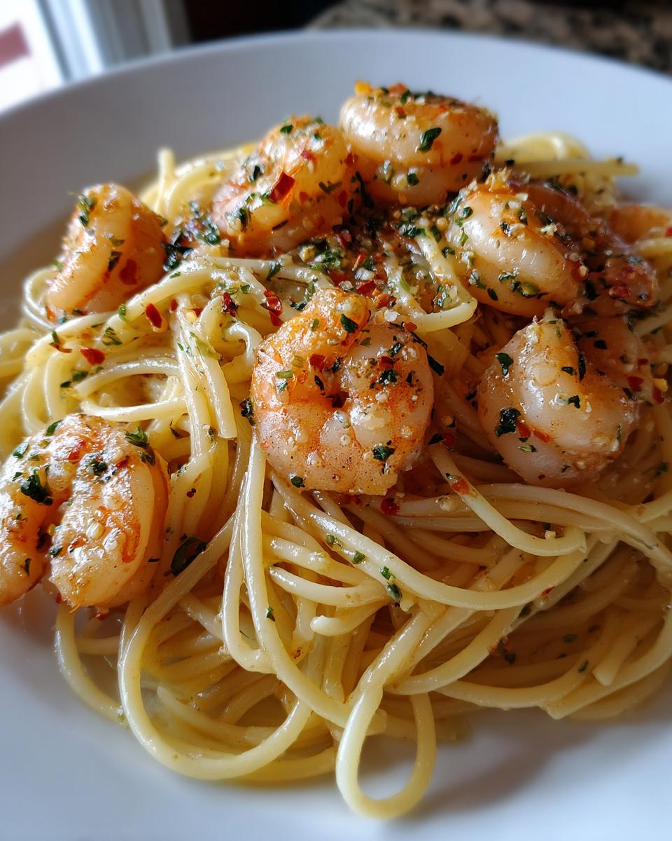 Close-up of garlic butter shrimp scampi linguine with seasoned shrimp and spaghetti pasta