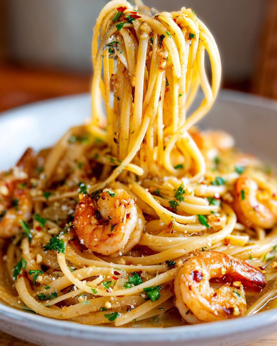 Close-up of garlic butter shrimp scampi linguine with shrimp and herbs on a plate