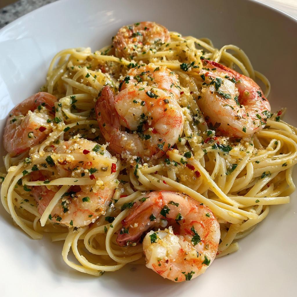 Plate of garlic butter shrimp scampi linguine with parsley and chili flakes.
