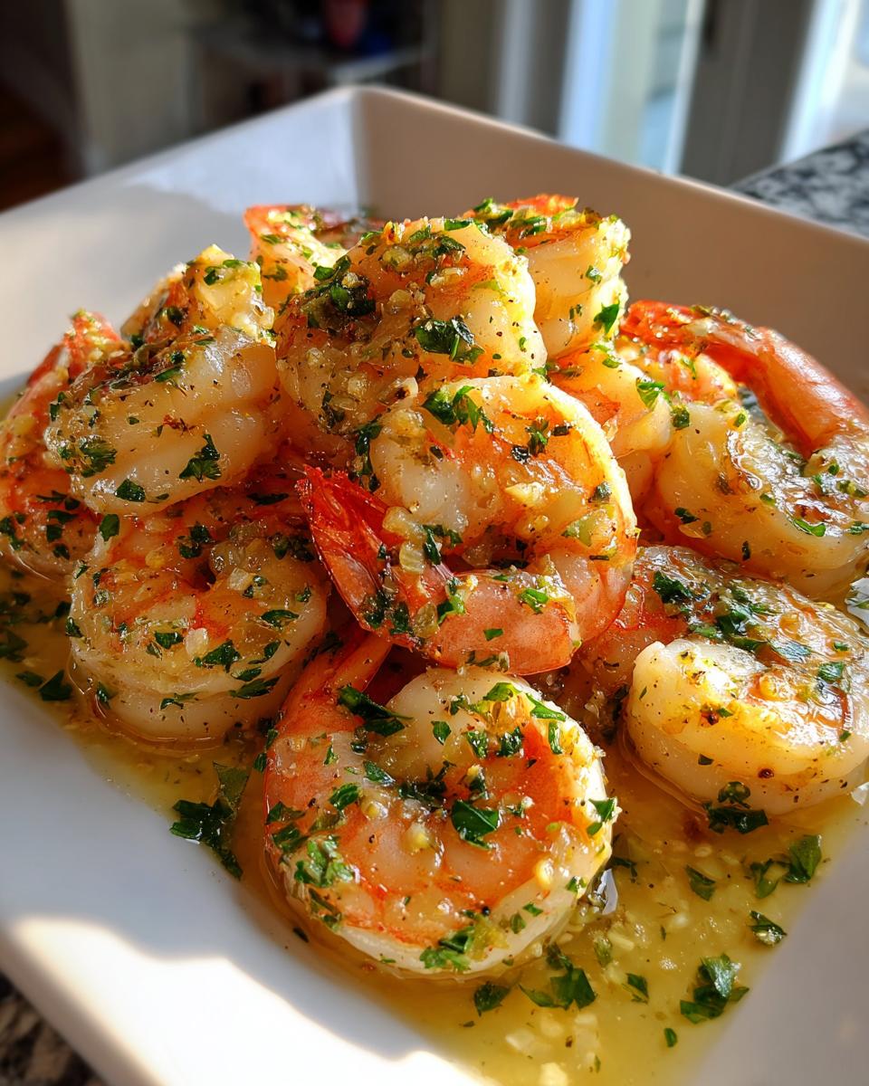 Close-up of garlic butter shrimp scampi garnished with herbs in a white dish