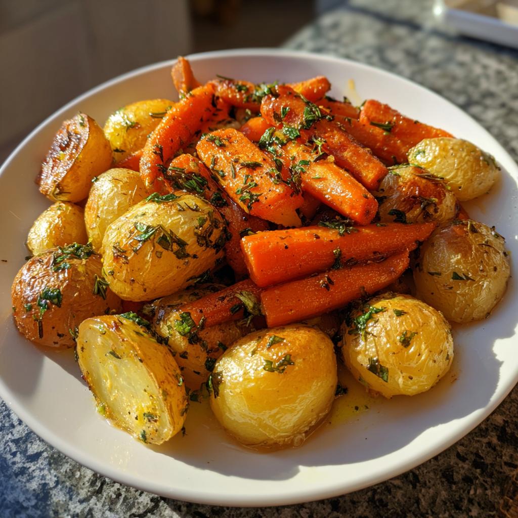 Plate of garlic herb roasted carrots and potatoes with fresh herbs and golden brown edges.