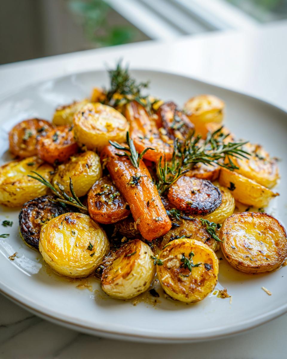 Plate of garlic herb roasted carrots and potatoes garnished with fresh rosemary and thyme.