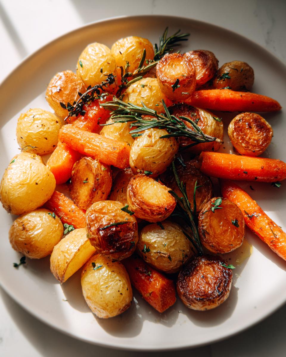 Plate of garlic herb roasted carrots and potatoes garnished with fresh rosemary and thyme.