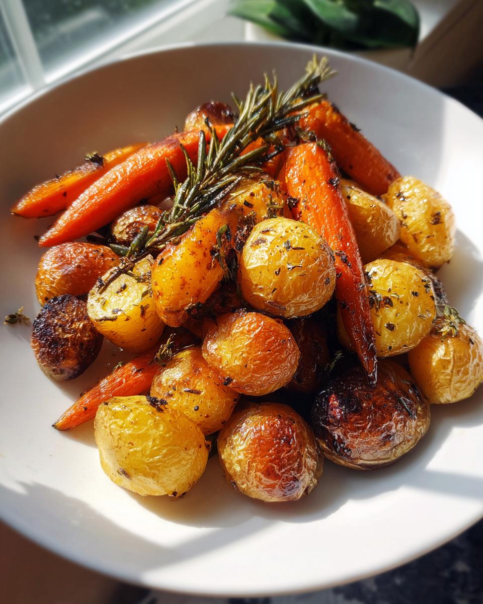 Roasted carrots and potatoes seasoned with garlic herbs served in a white bowl with rosemary garnish.