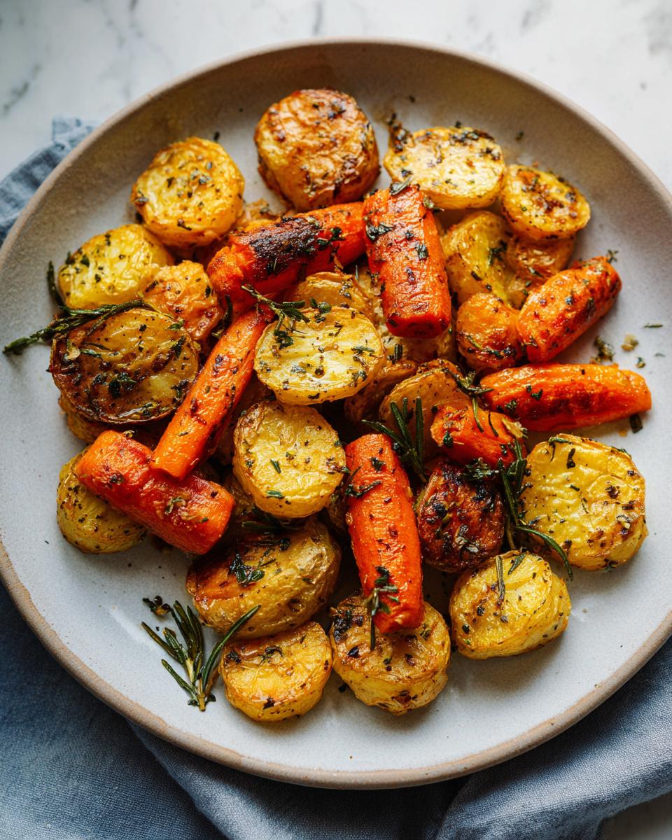 Plate of garlic herb roasted carrots and potatoes garnished with fresh herbs.