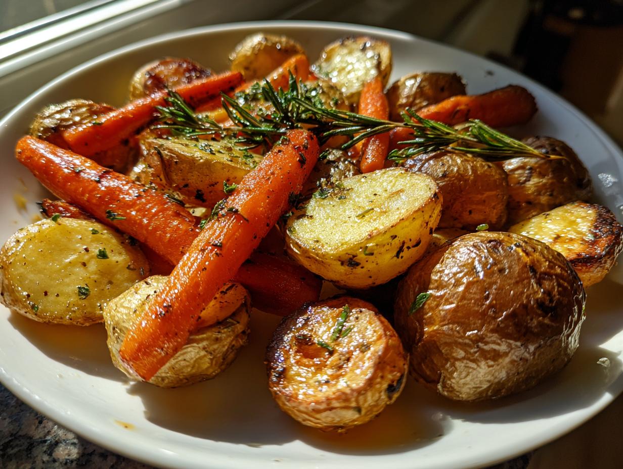 Plate of garlic herb roasted carrots and potatoes garnished with fresh rosemary