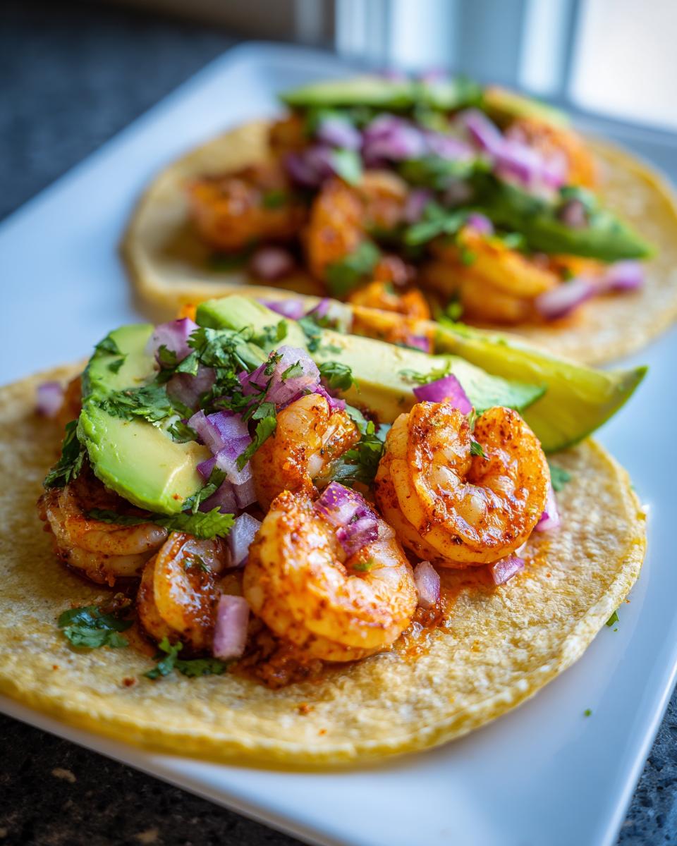 Close-up of garlic shrimp tacos topped with avocado slices, red onions, and cilantro on corn tortillas.
