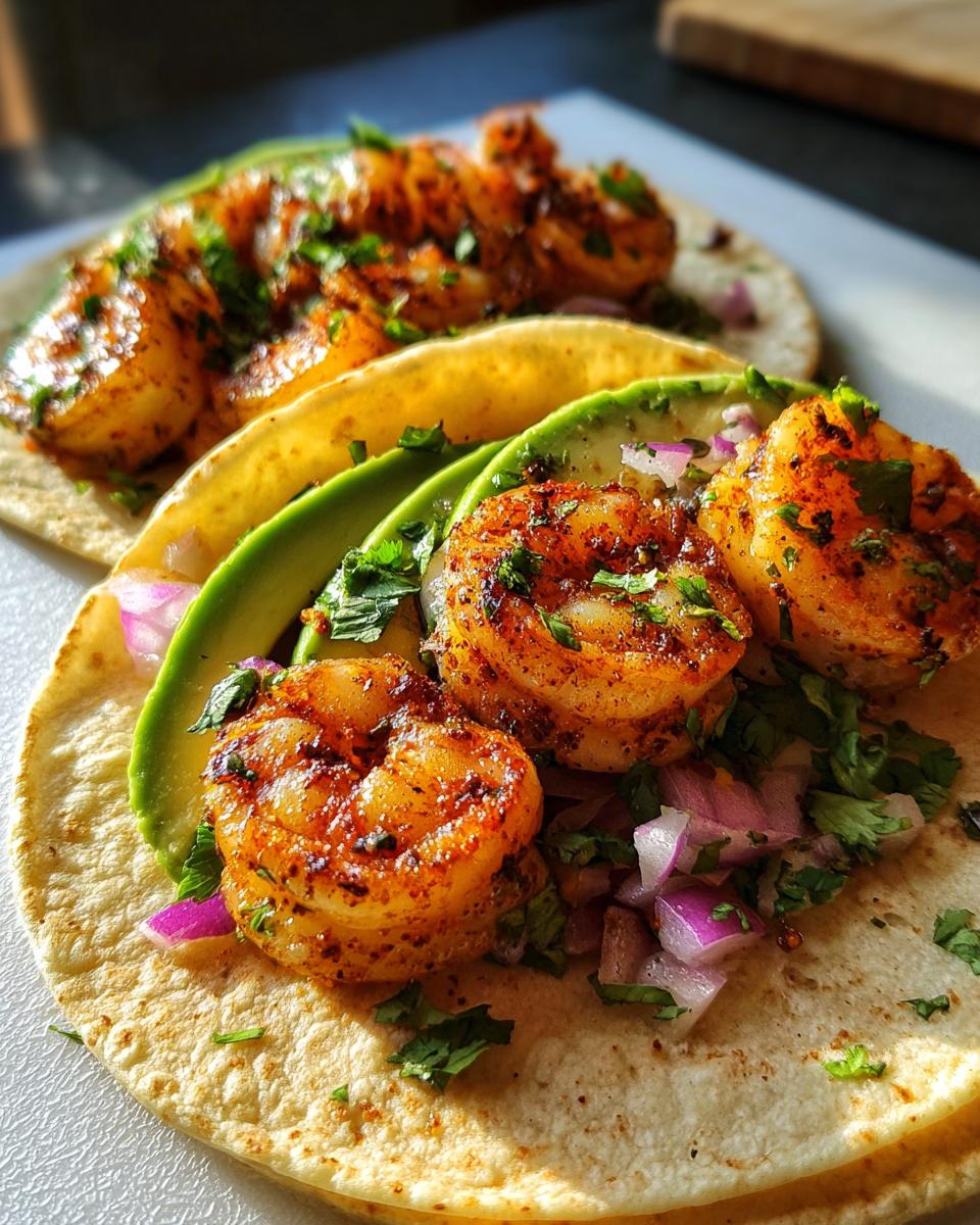 Two garlic shrimp tacos garnished with avocado slices, chopped onions, and cilantro on tortillas.