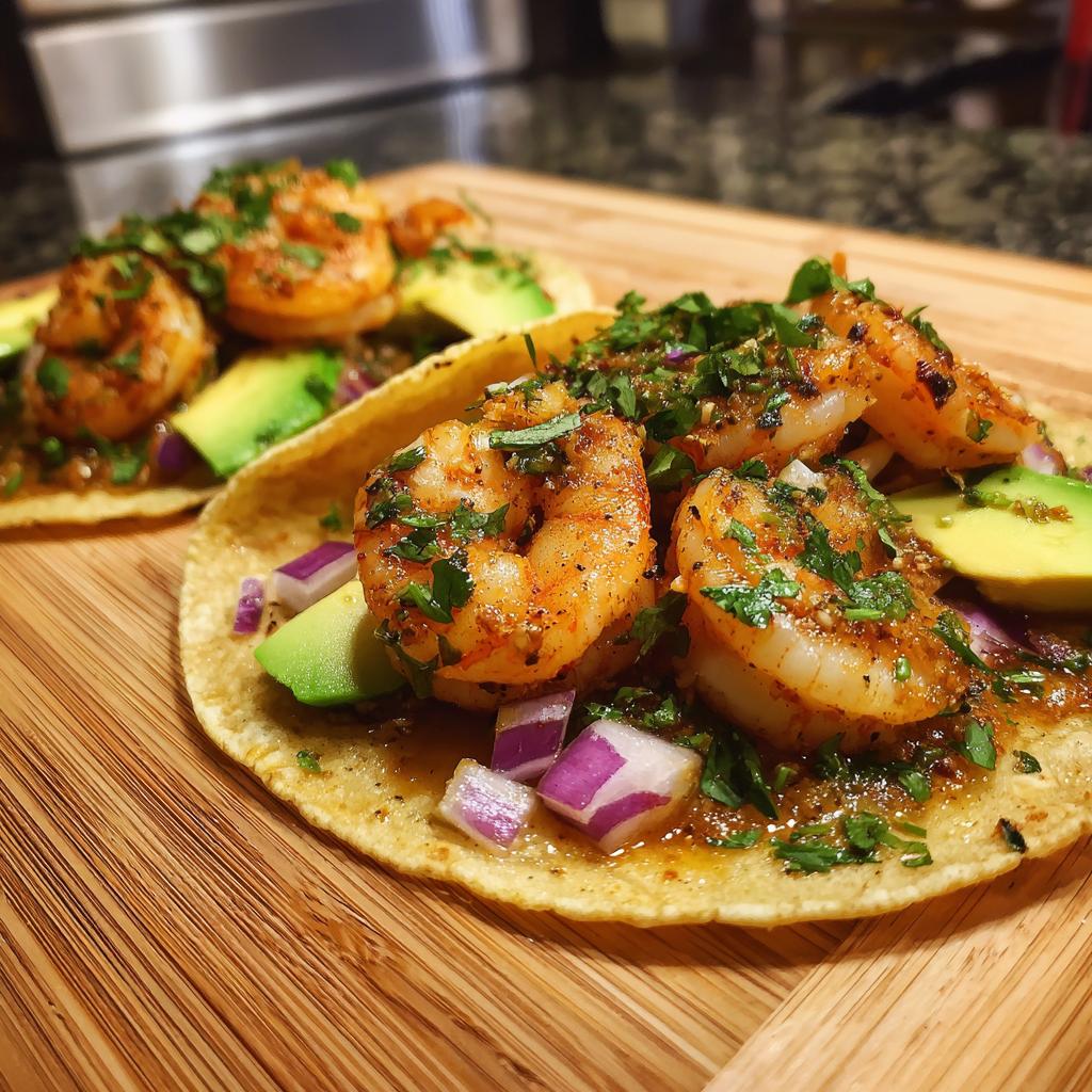 Two garlic shrimp tacos topped with avocado slices, chopped red onion, and cilantro on a wooden board.