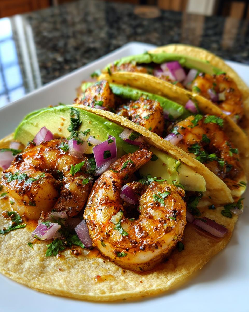 Three garlic shrimp tacos with avocado slices and diced red onion on corn tortillas.