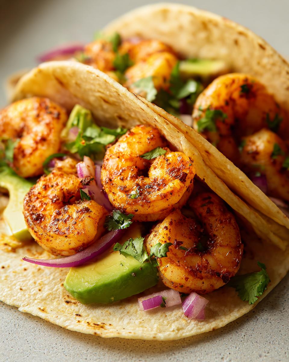 Close-up of garlic shrimp tacos filled with seasoned shrimp, avocado slices, red onion, and cilantro on soft tortillas.