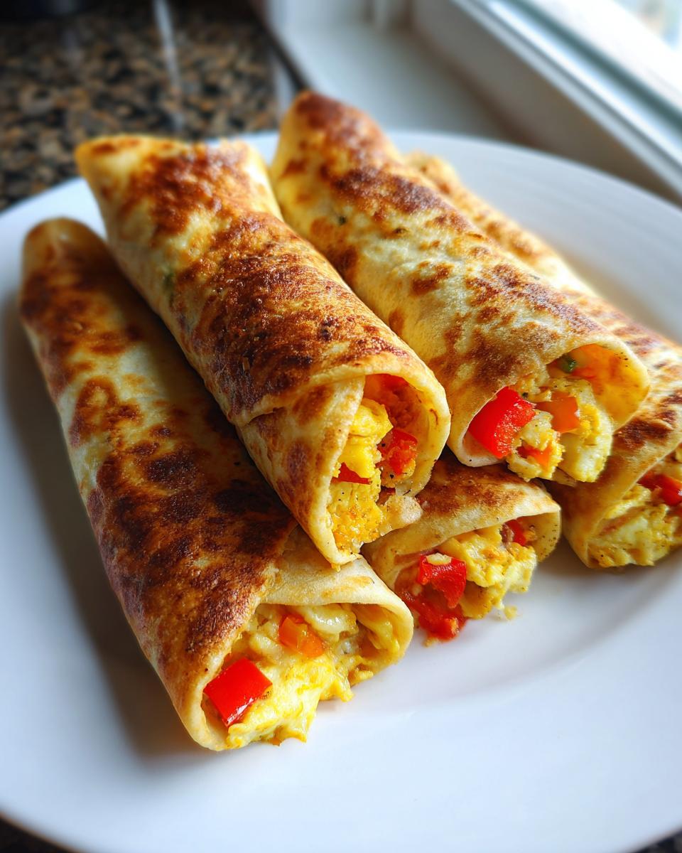 Close-up of golden breakfast taquitos filled with scrambled eggs and red bell peppers on a white plate.
