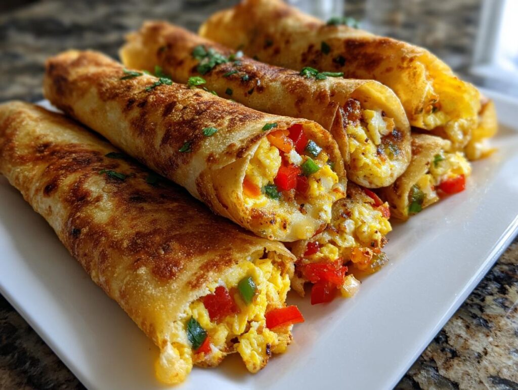 Close-up of crispy breakfast taquitos filled with scrambled eggs, red and green bell peppers, and herbs.
