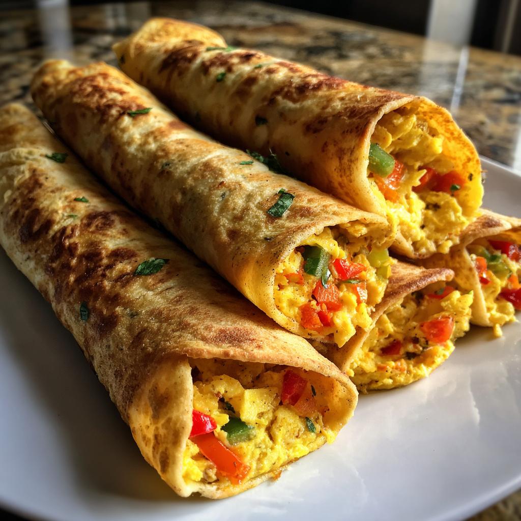 Close-up of three golden breakfast taquitos stuffed with scrambled eggs and colorful vegetables.