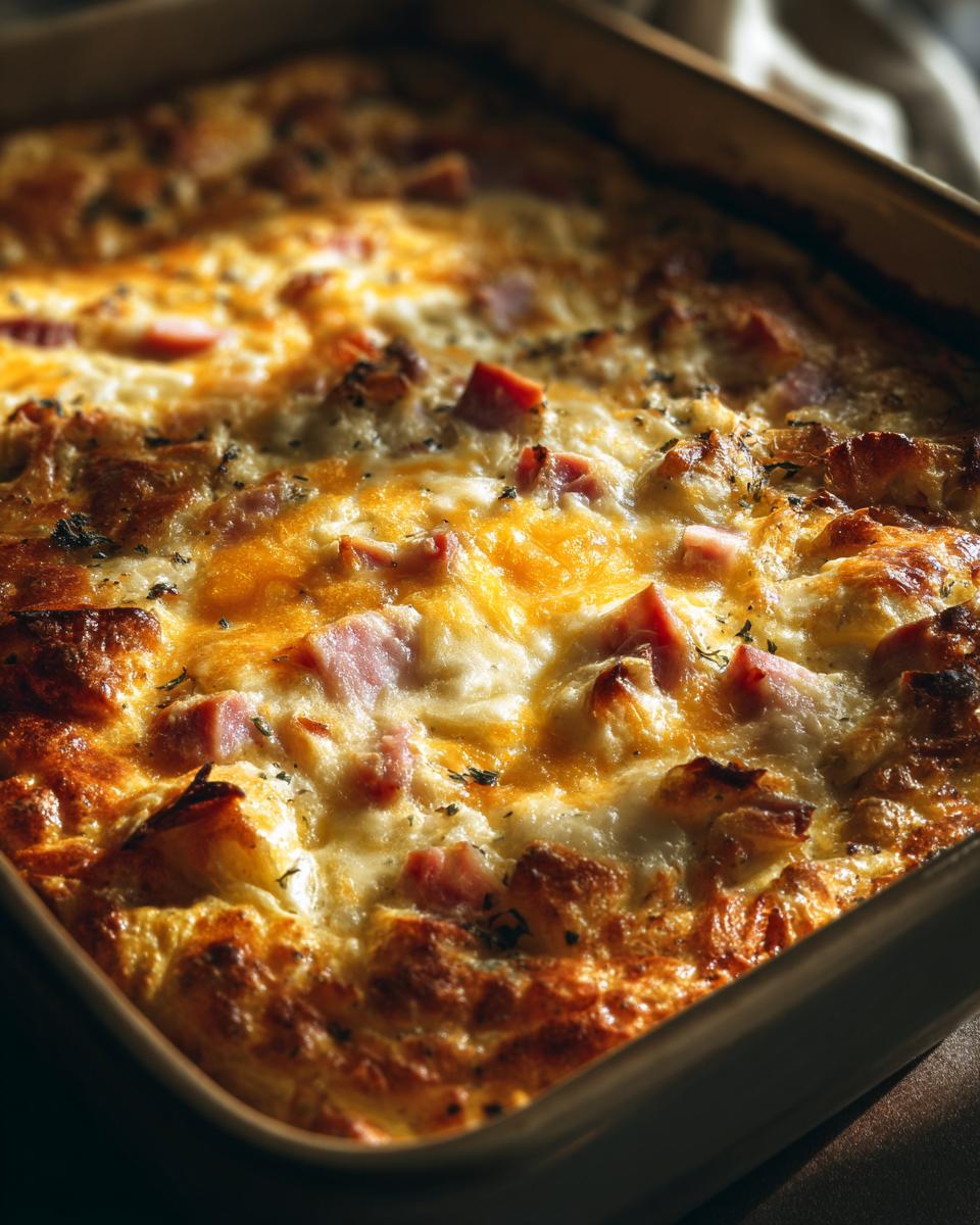 Close-up of a golden baked ham cheese egg bake with browned cheese and herbs in a baking dish