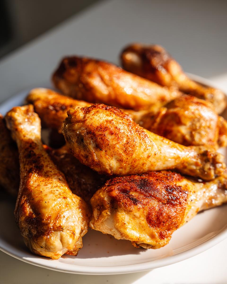 Plate filled with golden roasted chicken drumsticks seasoned with spices.