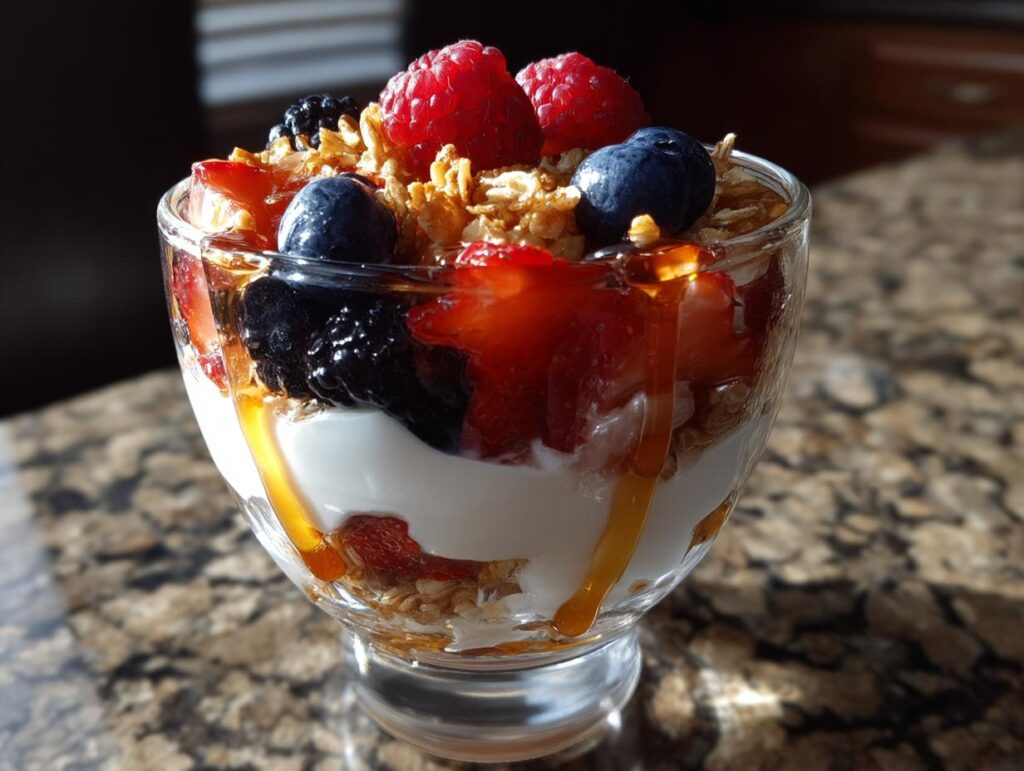 Glass cup with granola yogurt parfait topped with fresh raspberries, blueberries, blackberries, and honey drizzle.