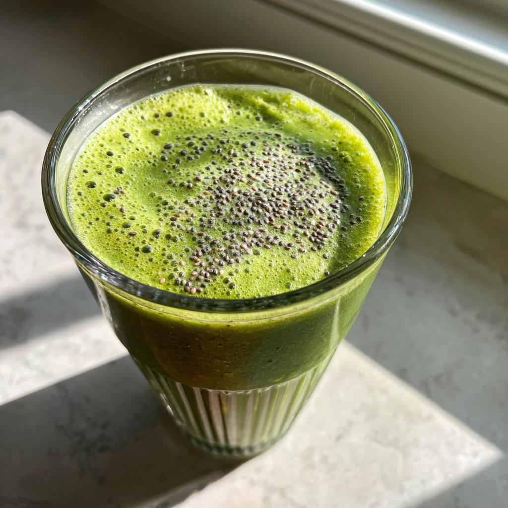 Glass of green spinach smoothie topped with chia seeds on marble surface.