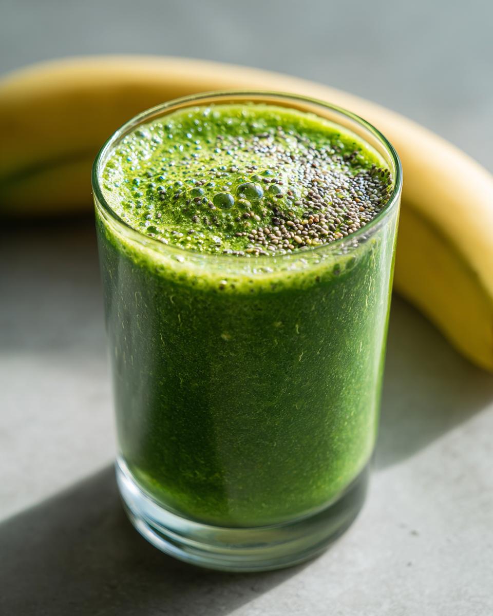 Close-up of a green spinach smoothie topped with chia seeds in a clear glass with a banana in background