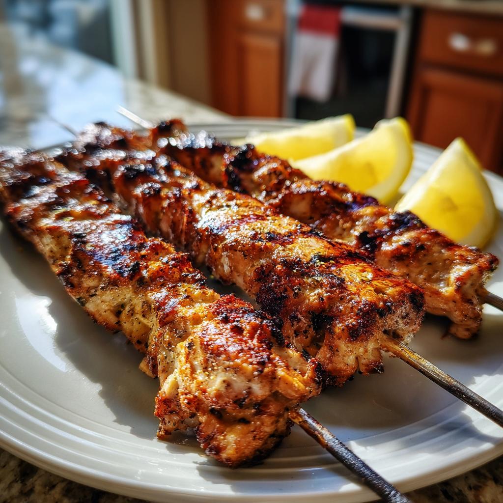 Close-up of juicy grilled chicken souvlaki skewers on a plate with lemon wedges.