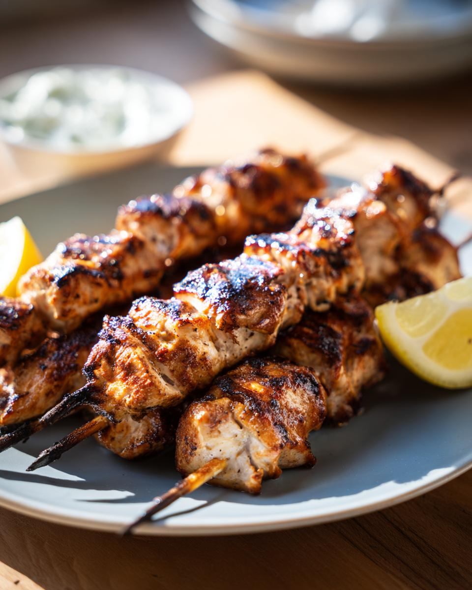 Grilled chicken souvlaki skewers on plate with lemon wedges and a bowl of tzatziki sauce