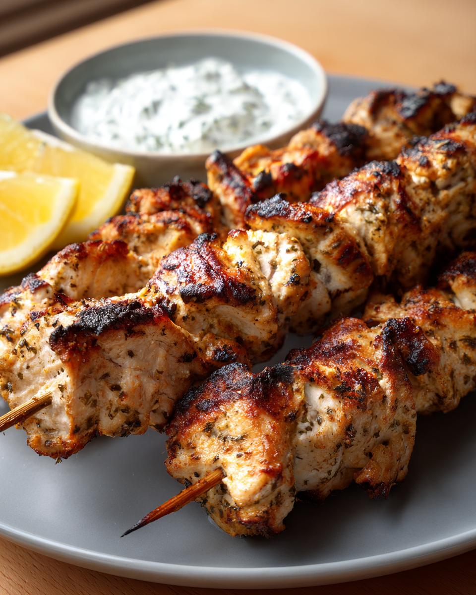Close-up of grilled chicken souvlaki skewers served with lemon wedges and tzatziki sauce.