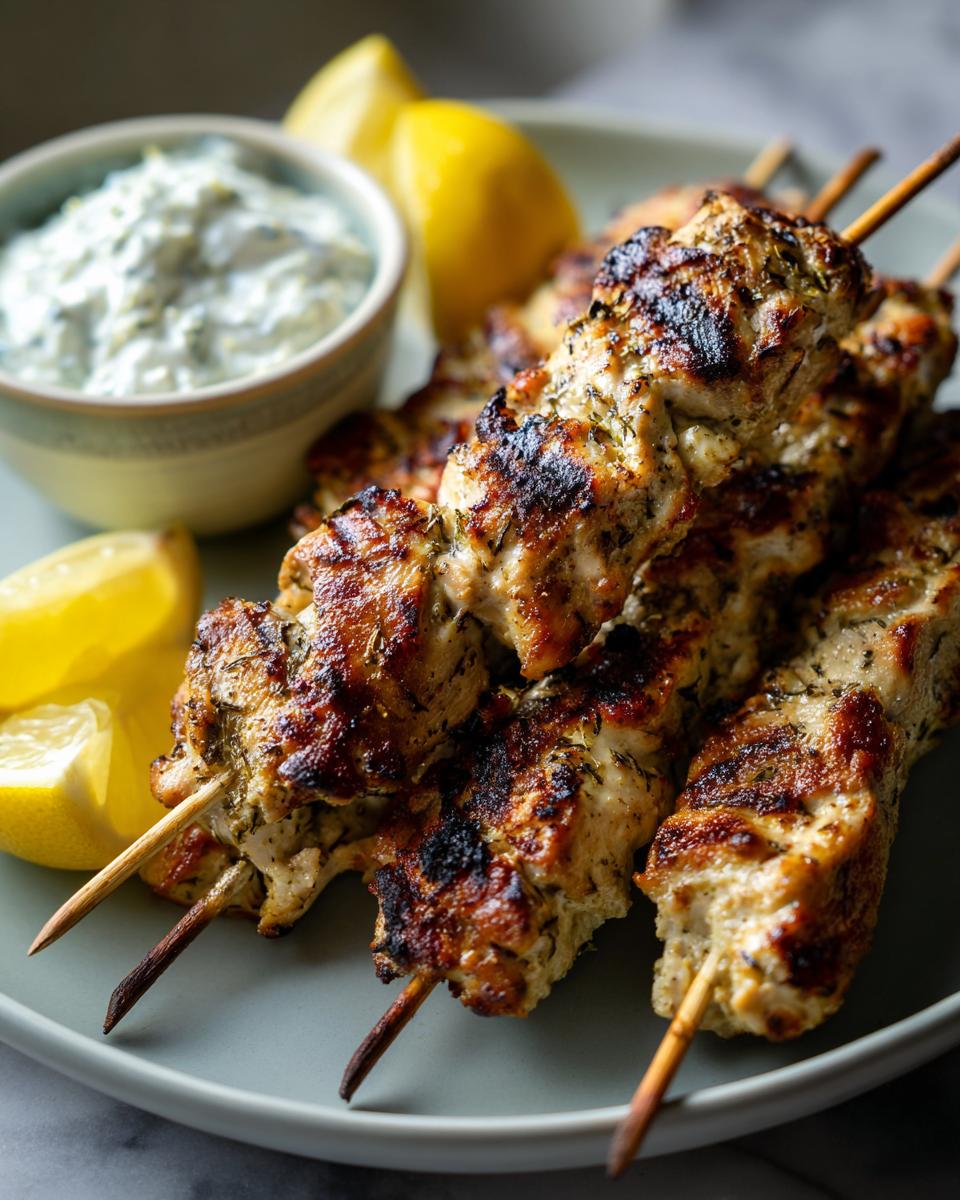 Grilled chicken souvlaki skewers served with lemon wedges and a bowl of tzatziki sauce