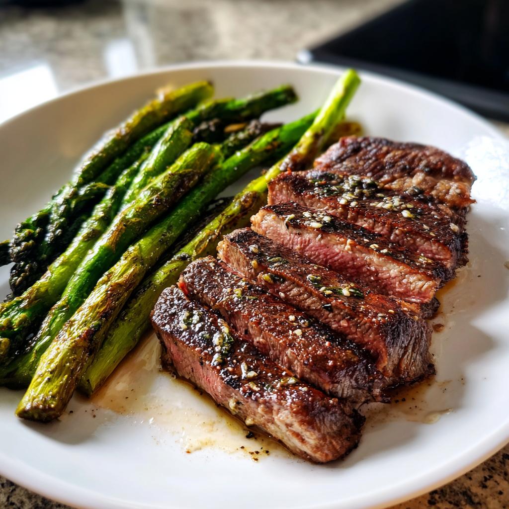 Sliced grilled garlic butter steak with charred asparagus on a white plate.