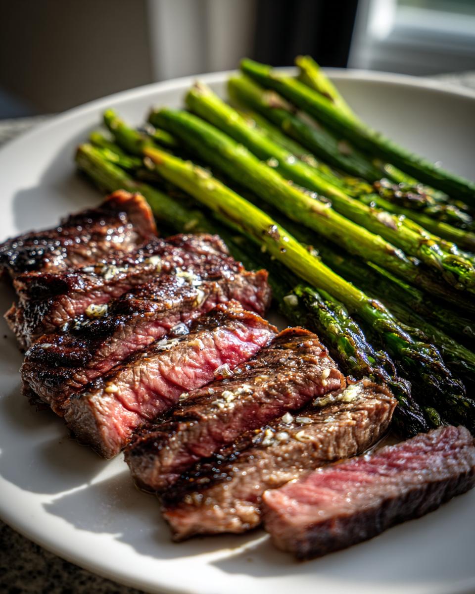 Sliced grilled garlic butter steak with charred asparagus on a white plate.