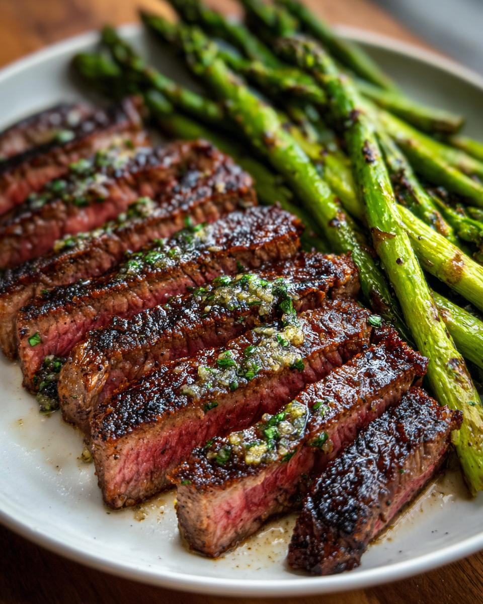 Sliced grilled garlic butter steak with grilled asparagus on a white plate