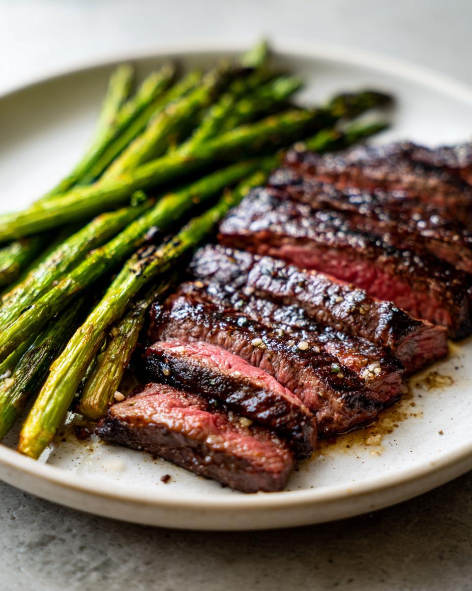 Sliced grilled garlic butter steak served with charred asparagus on a white plate