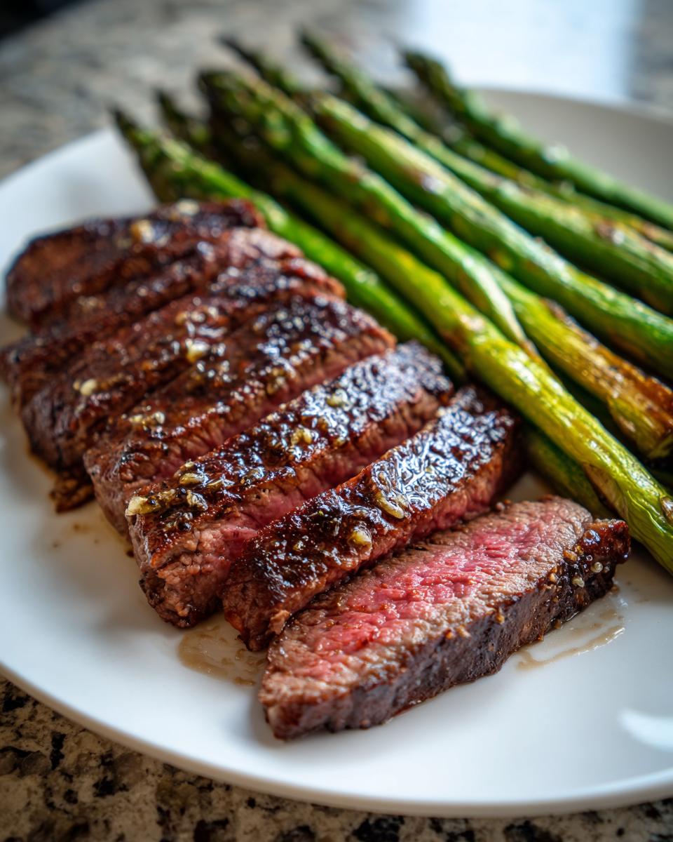 Juicy sliced grilled garlic butter steak served with charred asparagus on a white plate.