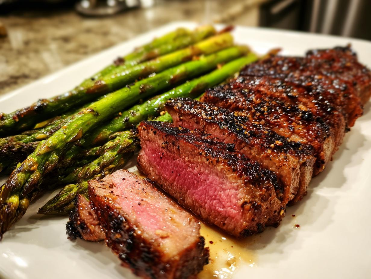 Sliced grilled garlic butter steak with charred asparagus on a white plate.