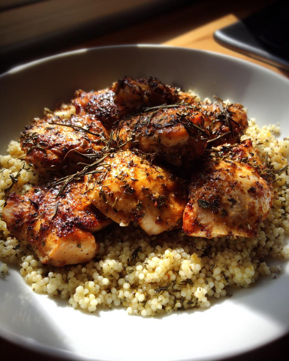 Grilled herbed chicken pieces atop a bed of couscous in a white bowl.