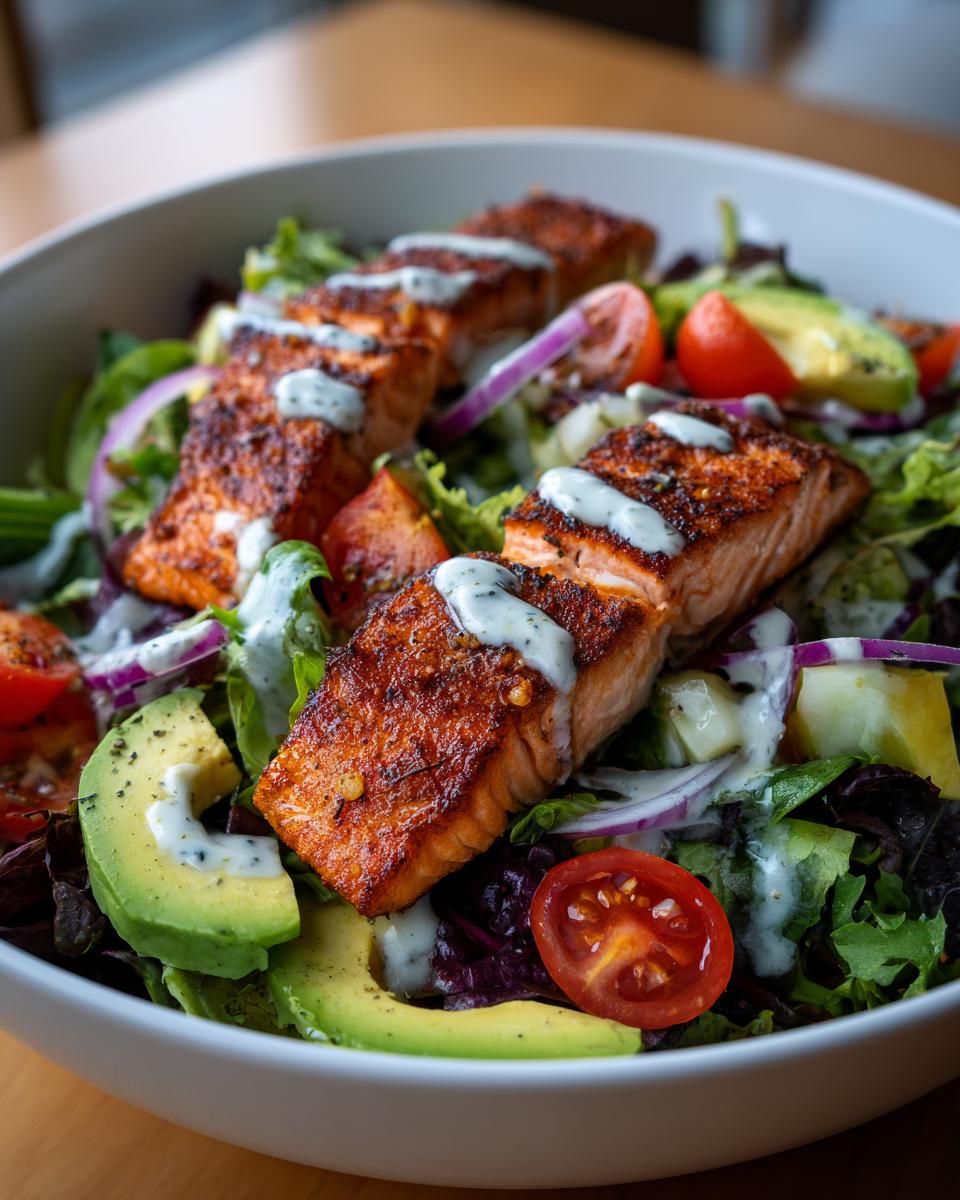 Grilled salmon salad with avocado slices, cherry tomatoes, red onion, and creamy dressing
