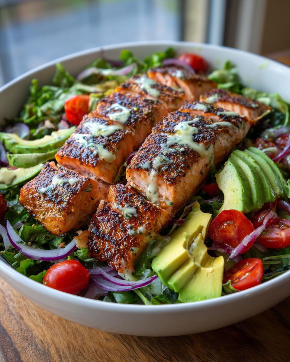 Grilled salmon salad with seared salmon, avocado slices, cherry tomatoes, and mixed greens.