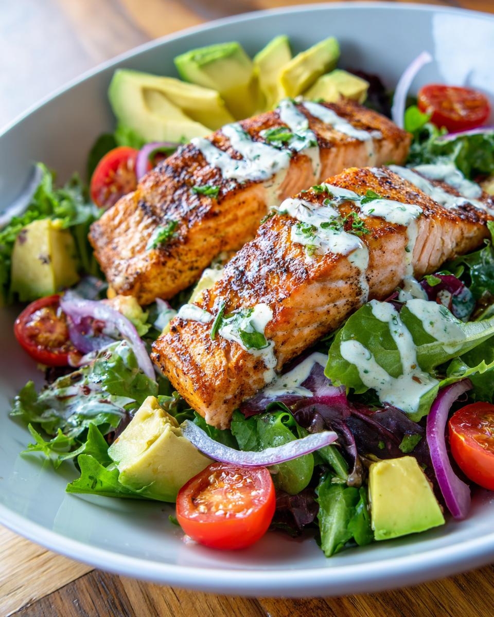 Grilled salmon salad with avocado, cherry tomatoes, mixed greens, and creamy dressing.