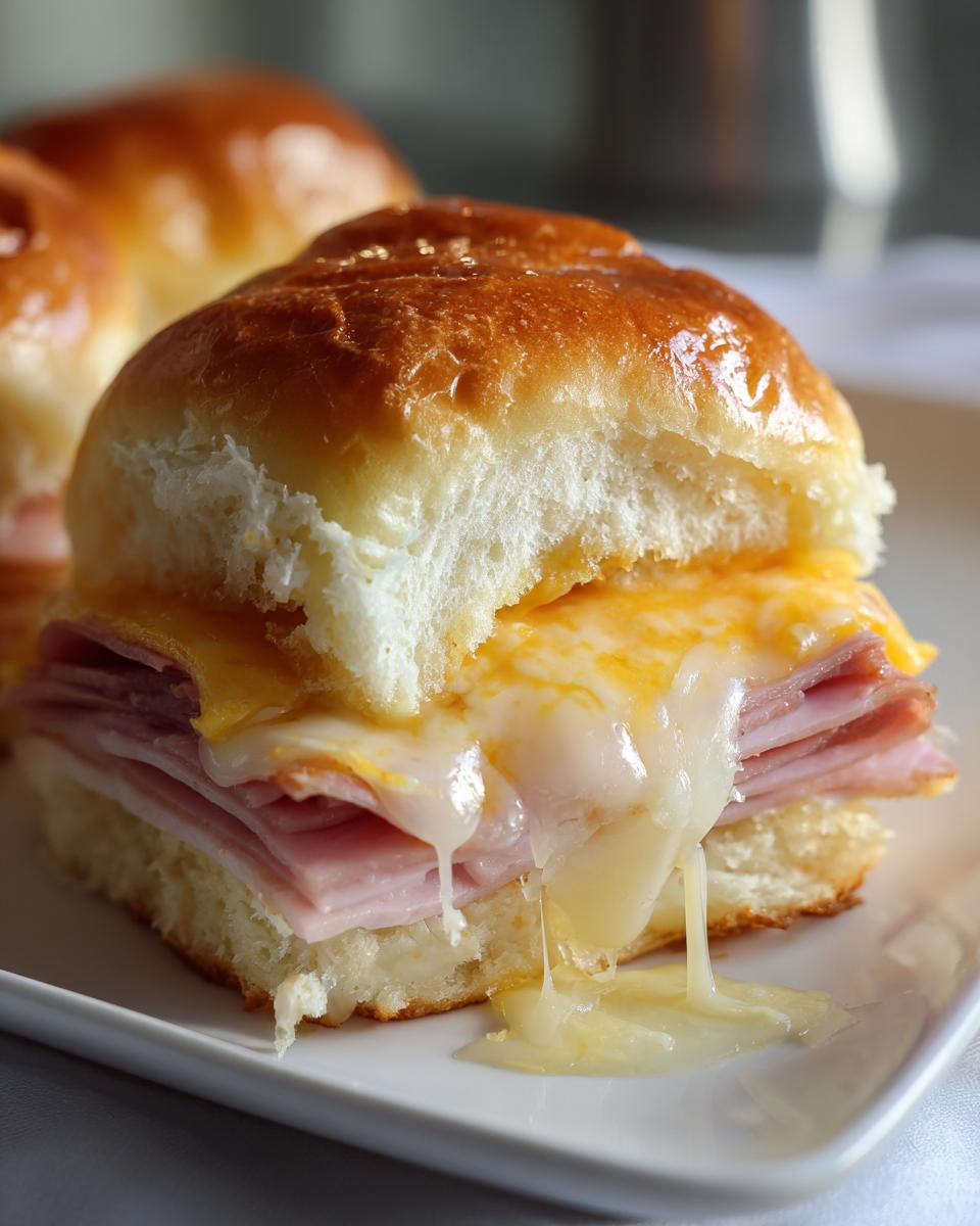 Ham and cheese breakfast slider sandwich with melted cheese oozing out from soft bun