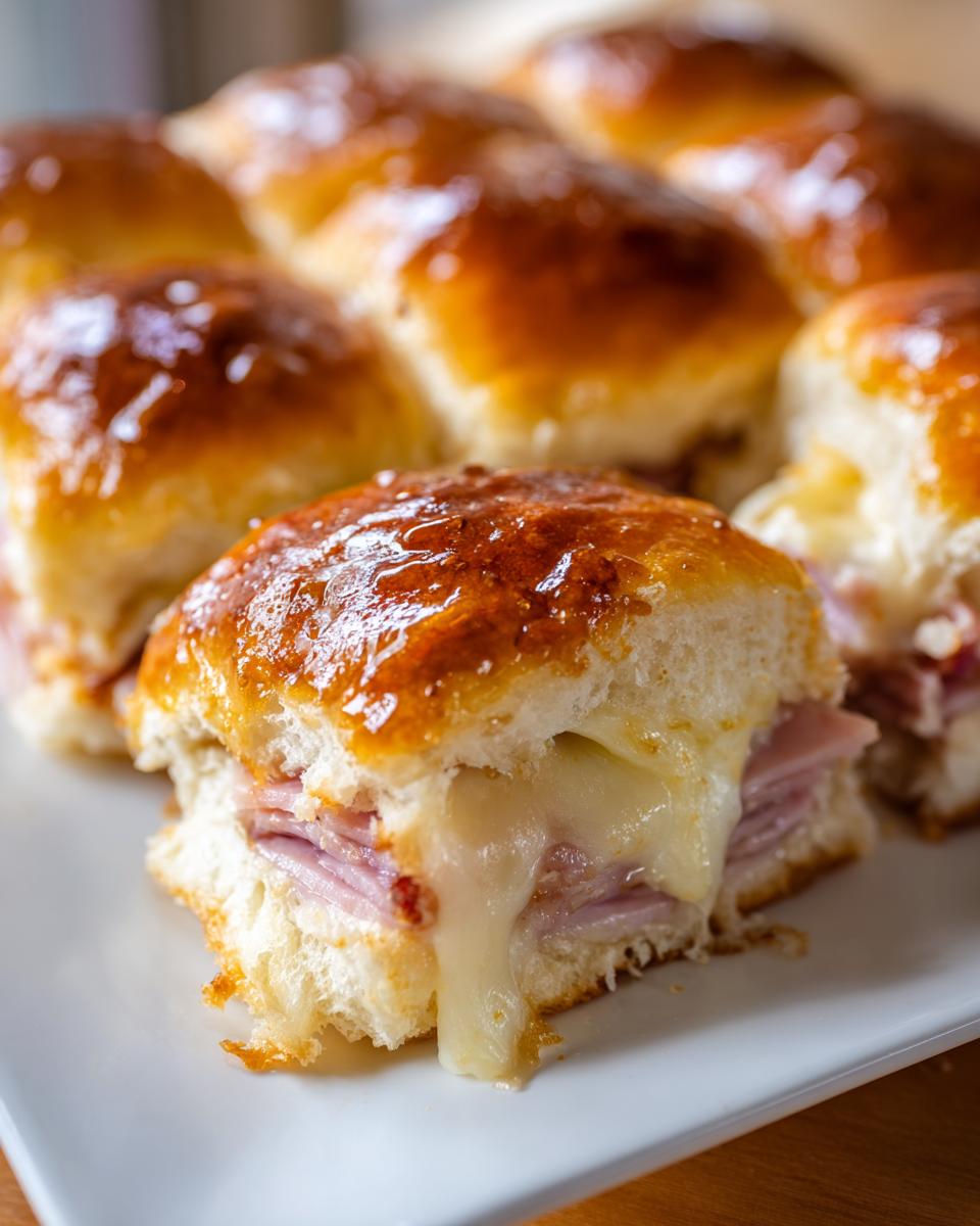 Close-up of ham and cheese breakfast slider sandwiches with melted cheese on shiny golden buns.