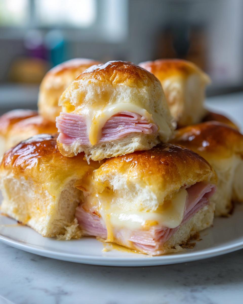 Stack of ham and cheese breakfast slider sandwiches with melted cheese on a white plate.