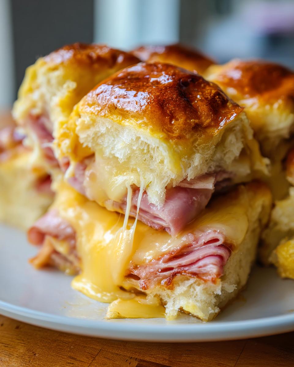 Ham and cheese breakfast slider sandwiches with melted cheese on a white plate.